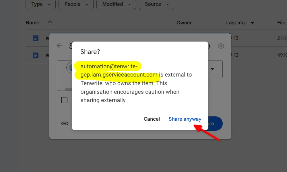 Google Drive sharing confirmation dialog