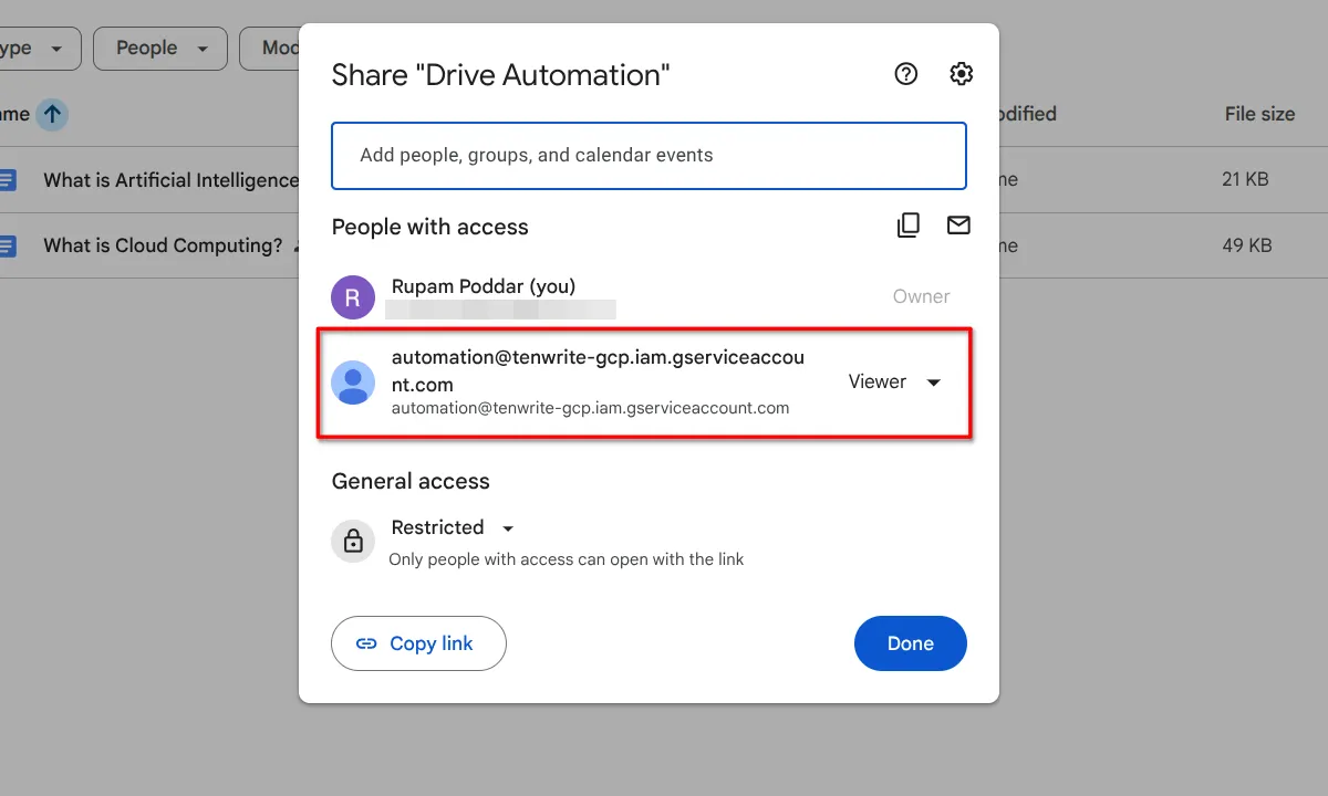 Google Drive sharing completion dialog