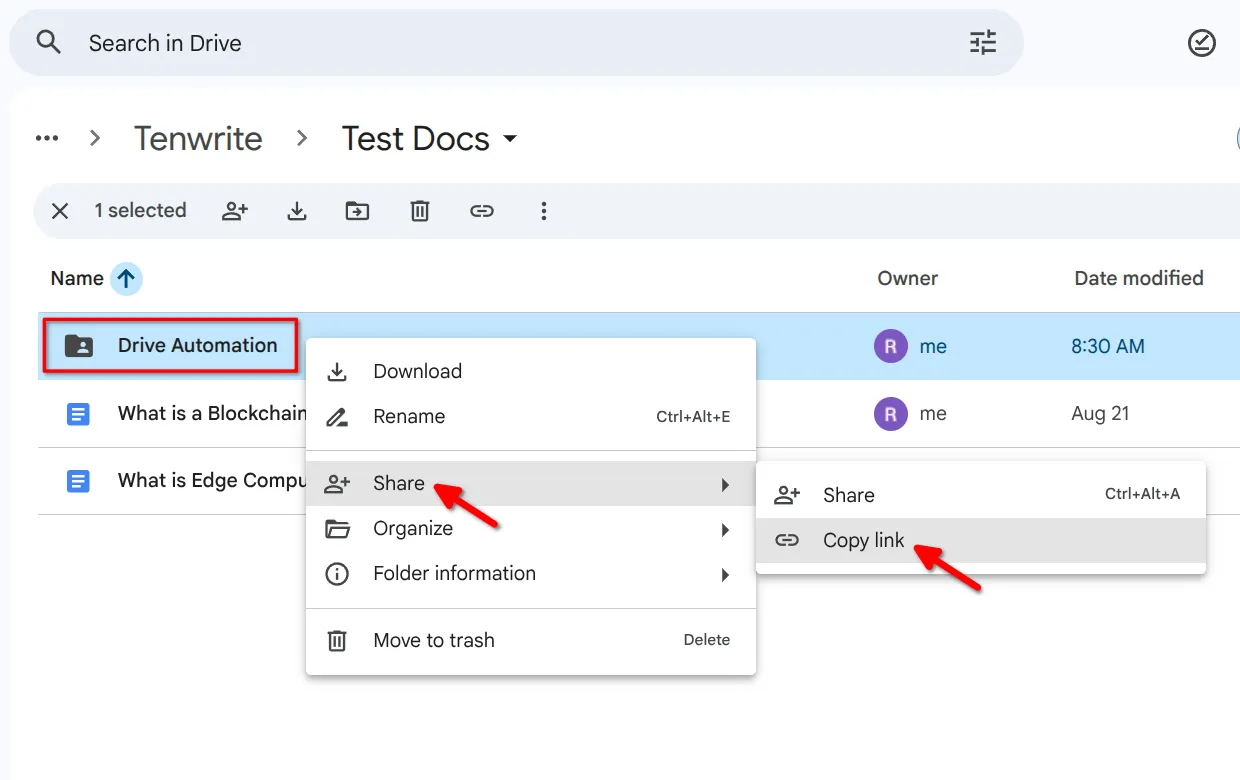 Google Drive folder with copy link option highlighted