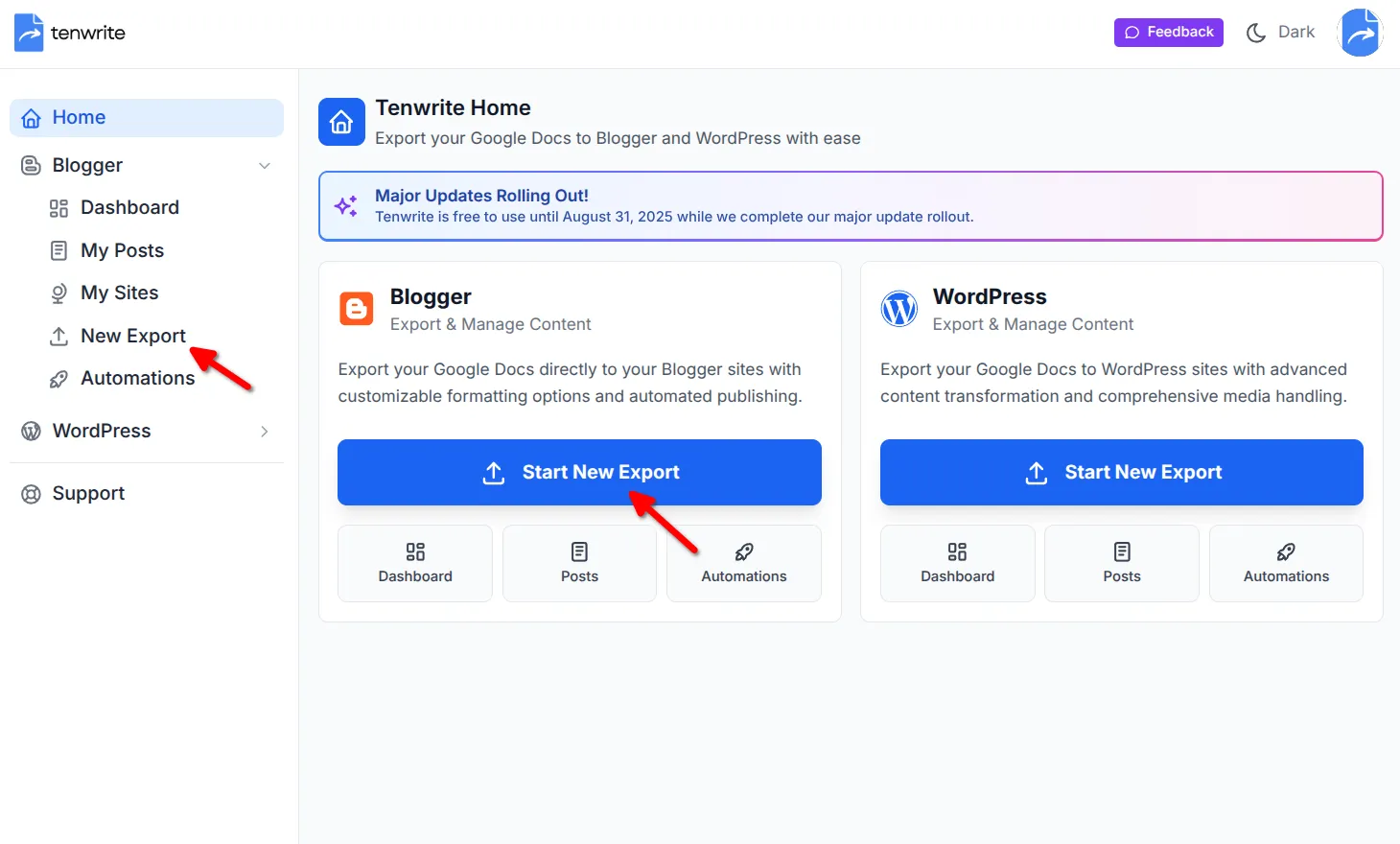 Tenwrite interface showing the Start New Export button and Blogger menu option