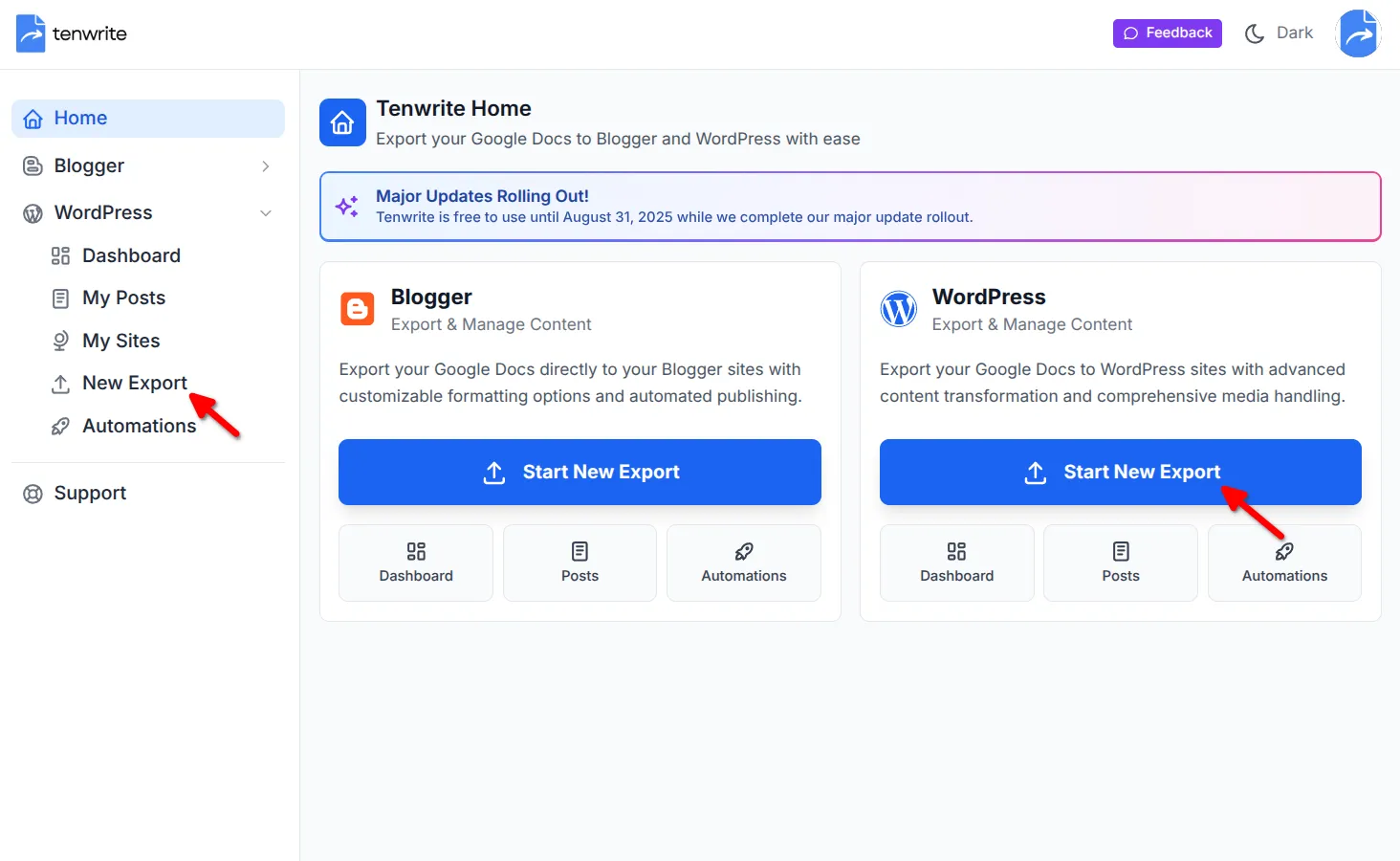 Tenwrite interface showing the Start New Export button and WordPress menu option
