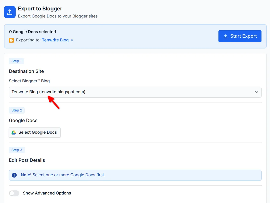 Export form showing Step 1 Destination Site with Blogger blog selection dropdown