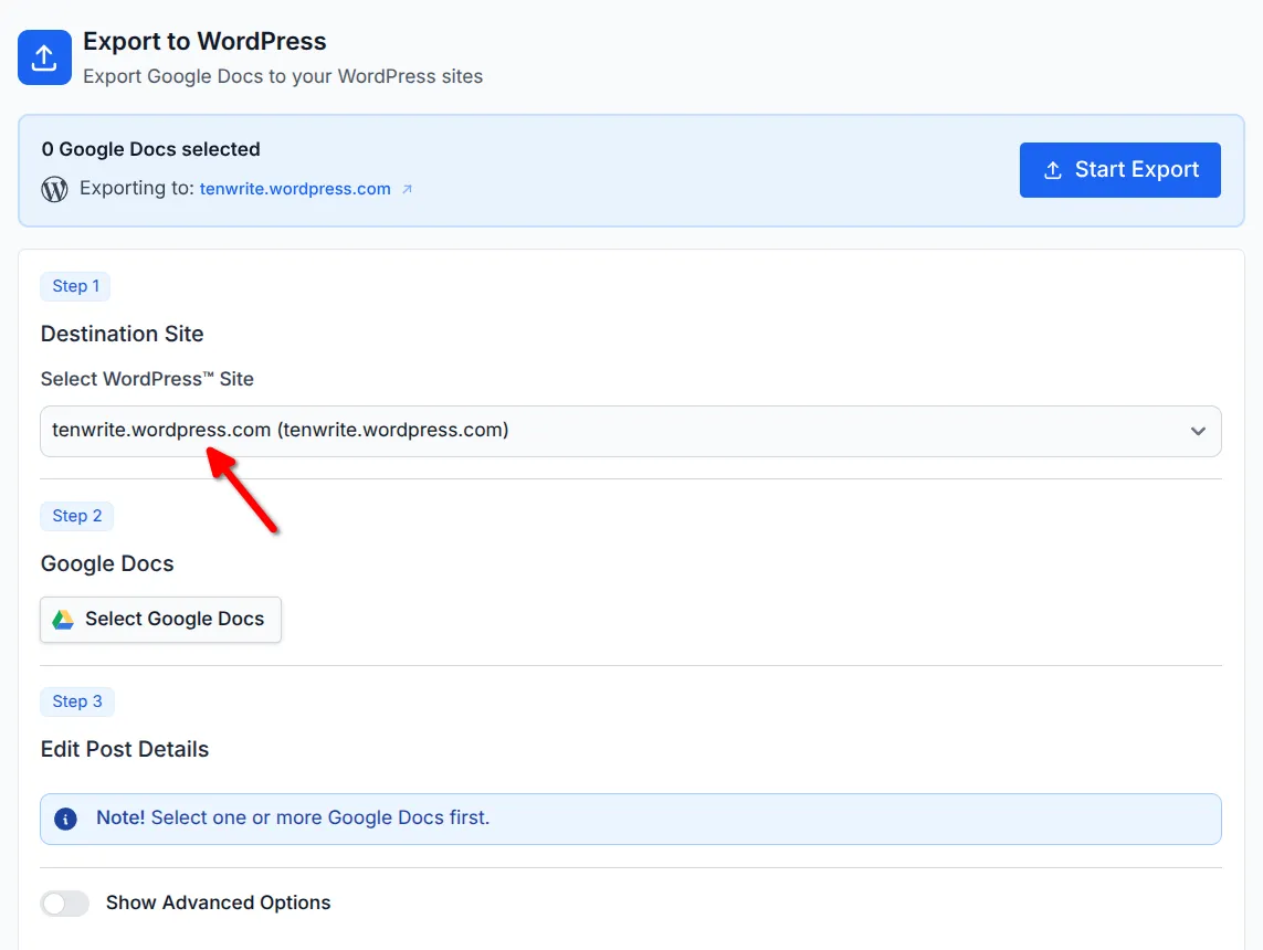 Export form showing Step 1 Destination Site with WordPress site selection dropdown