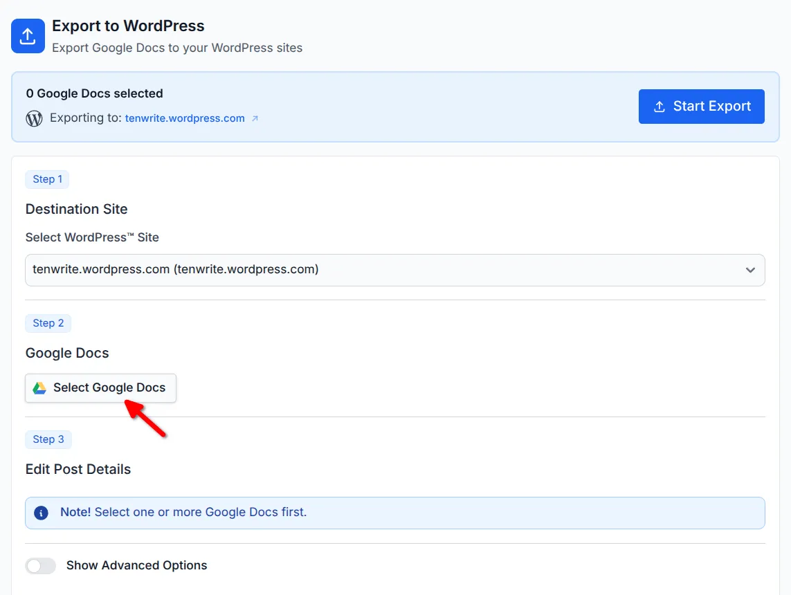 Export form showing Step 2 Google Docs section with Select Google Docs button