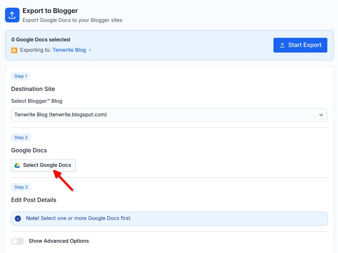 Export form showing Step 2 Google Docs section with Select Google Docs button
