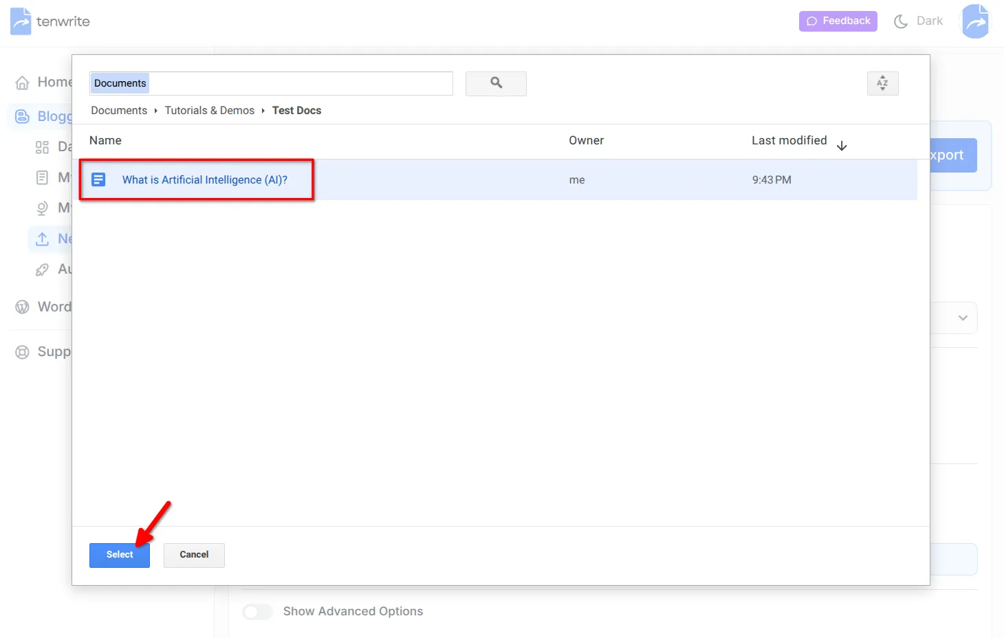 Google Drive document picker showing available Google Docs for selection