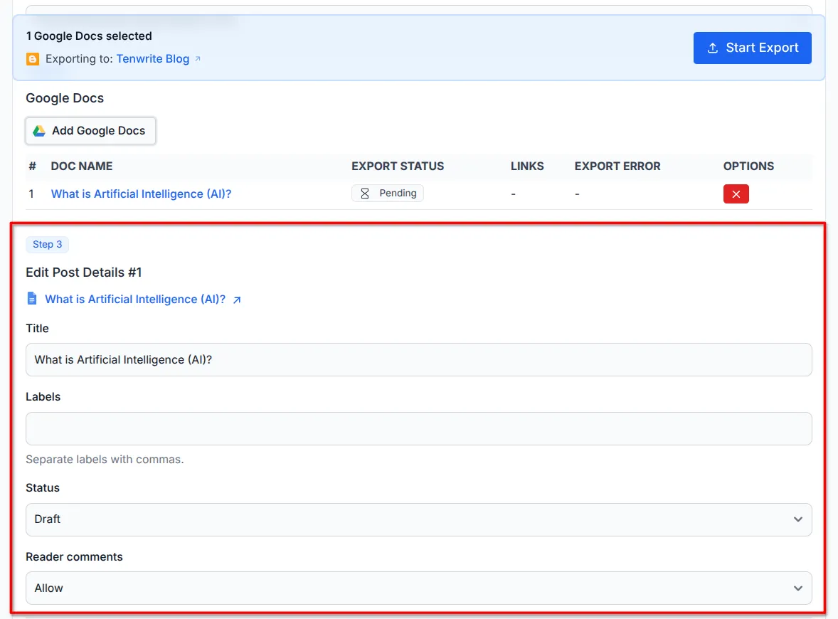 Export form showing Step 3 Edit Post Details with fields for post title, labels, status, and comment settings