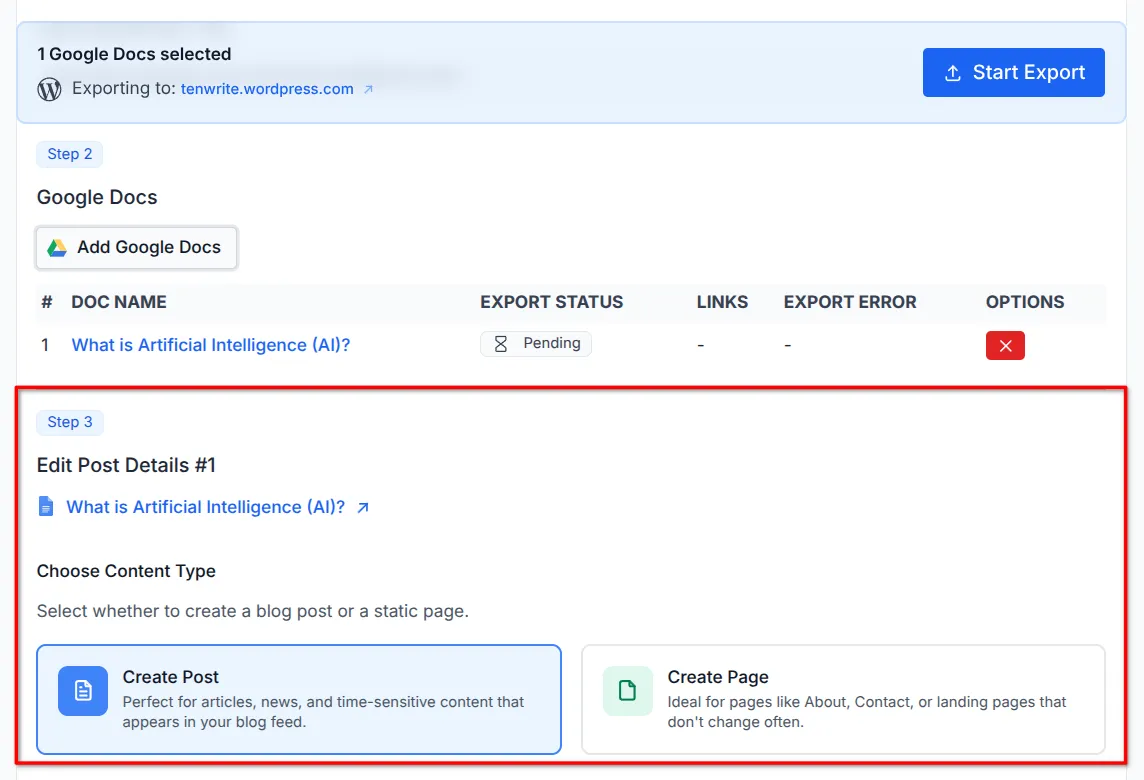 Export form showing Step 3 Edit Post Details with fields for post type, title, categories, and status settings