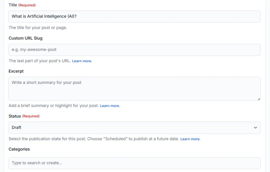Additional post settings showing categories, tags, and advanced options
