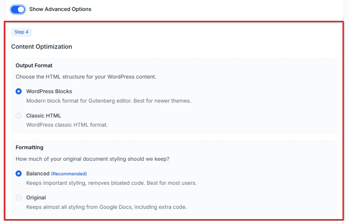 Export form showing Step 4 Content Optimization with formatting and preset options