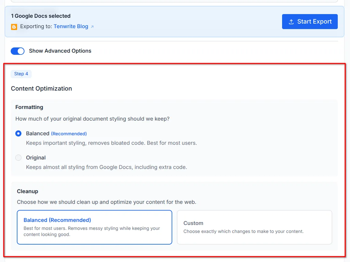 Export form showing Step 4 Content Optimization with formatting and preset options