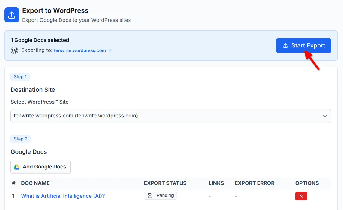Export summary showing selected documents and Start Export button ready to begin the export process