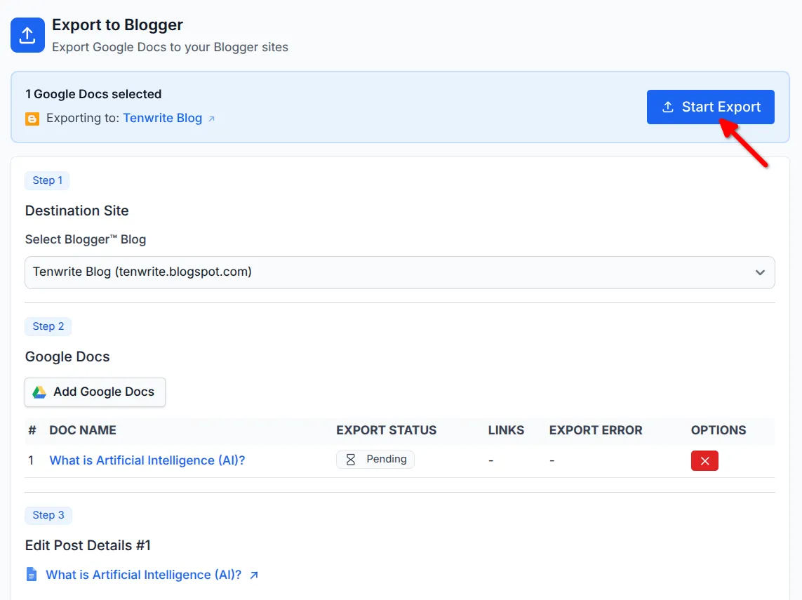 Export summary showing selected documents and Start Export button ready to begin the export process