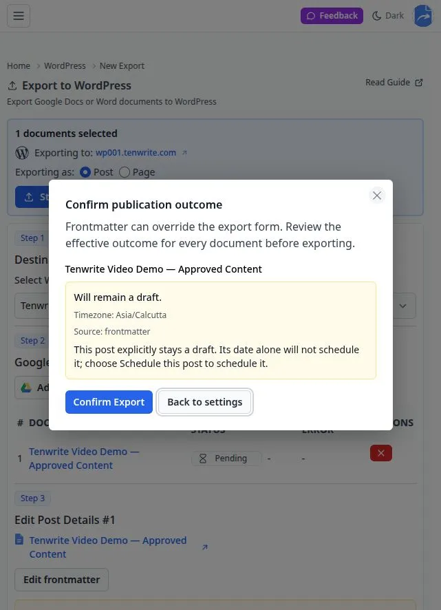 Export confirmation explaining why a post with a future date will remain a draft