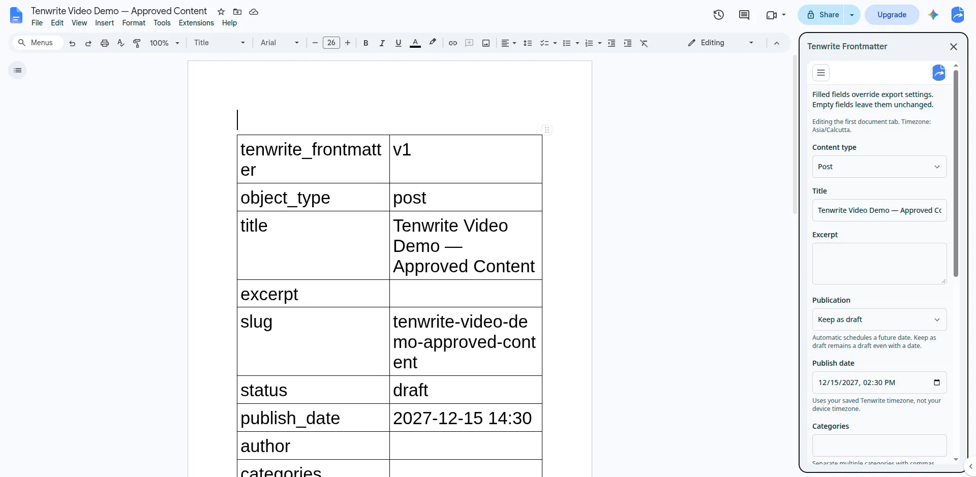Google Docs with the frontmatter table beside Tenwrite's sidebar editor, showing Keep as draft and a future publish date