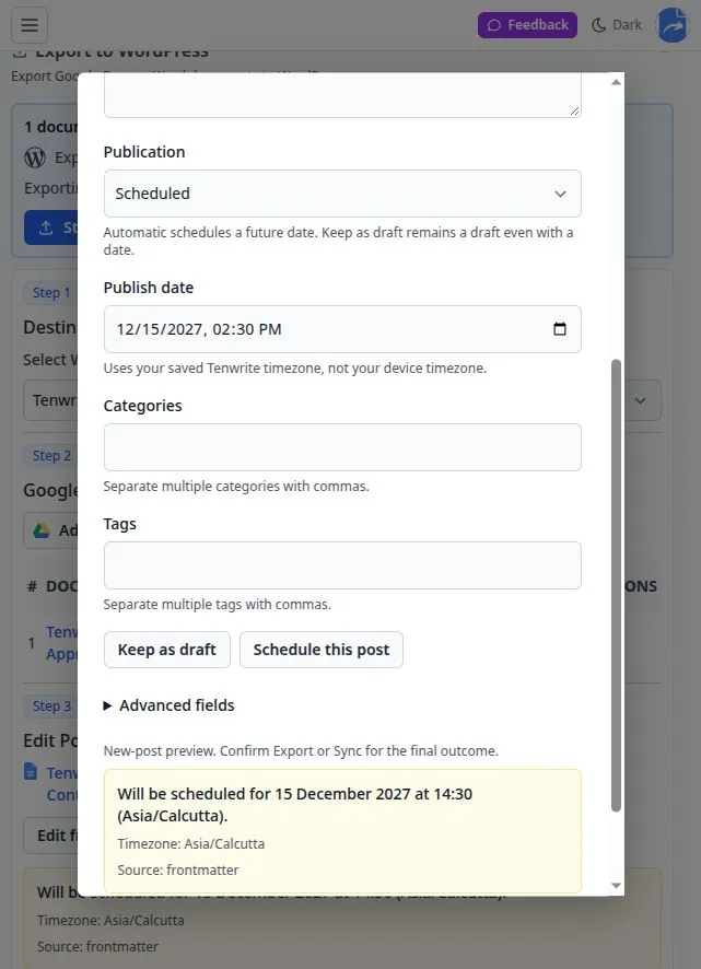 WordPress frontmatter editor showing Scheduled, a future date, and the saved Tenwrite timezone in the outcome preview