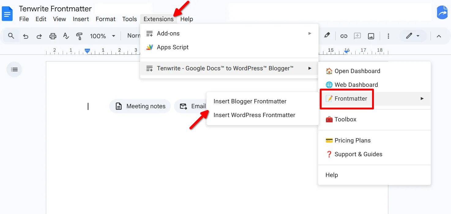 Extensions menu in Google Docs showing Tenwrite > Frontmatter > Insert WordPress Frontmatter