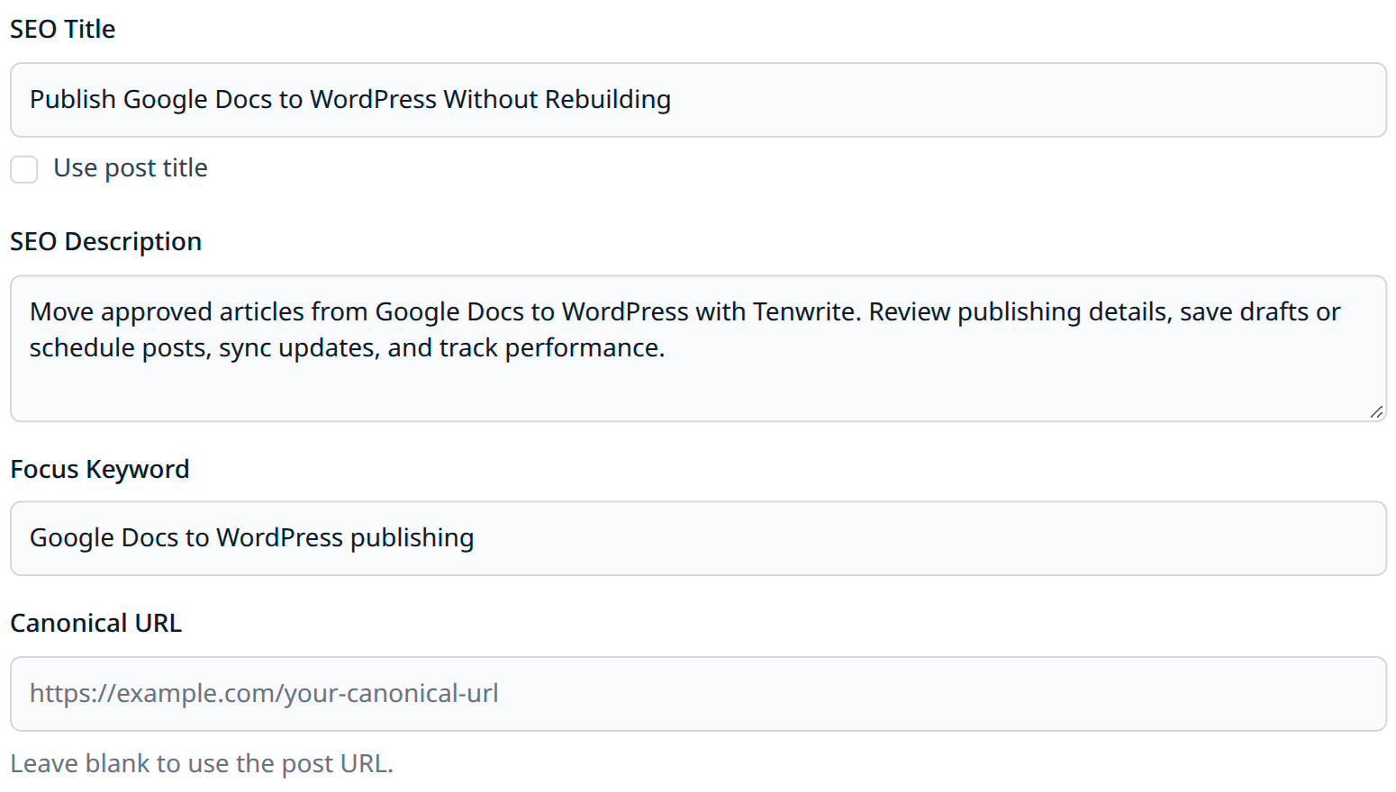 Real AI-generated SEO title, description and focus keyword; the manual canonical URL is left blank