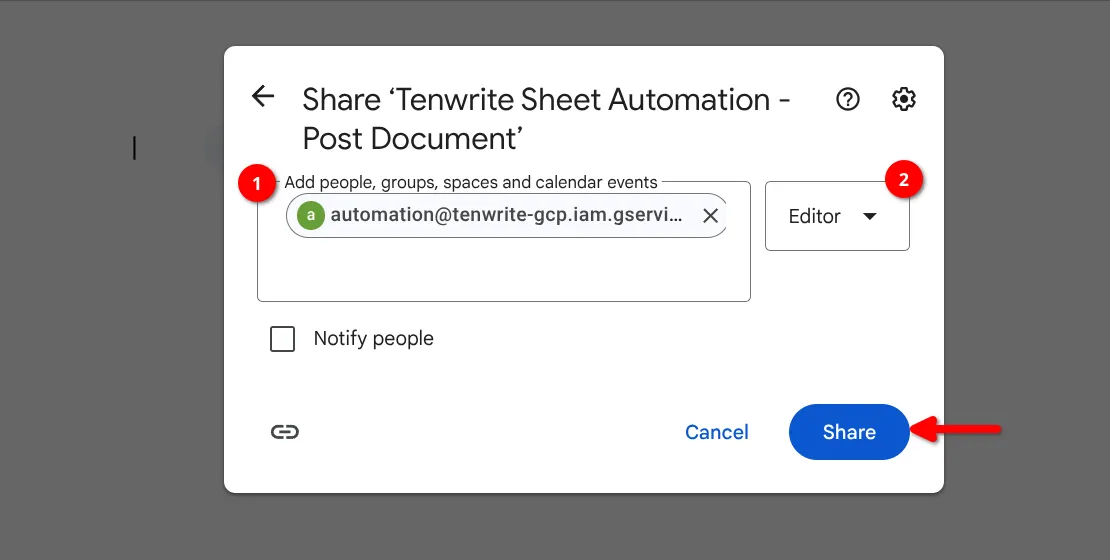 Service account email entered
