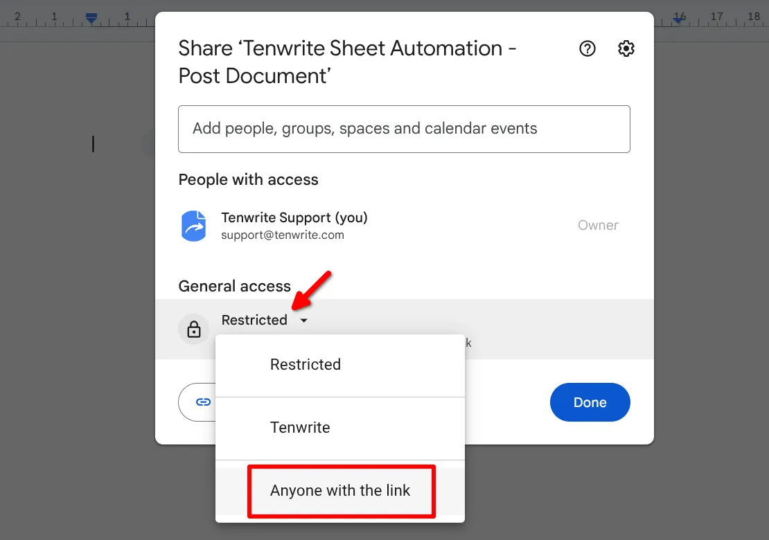 General access dropdown with Anyone with the link highlighted