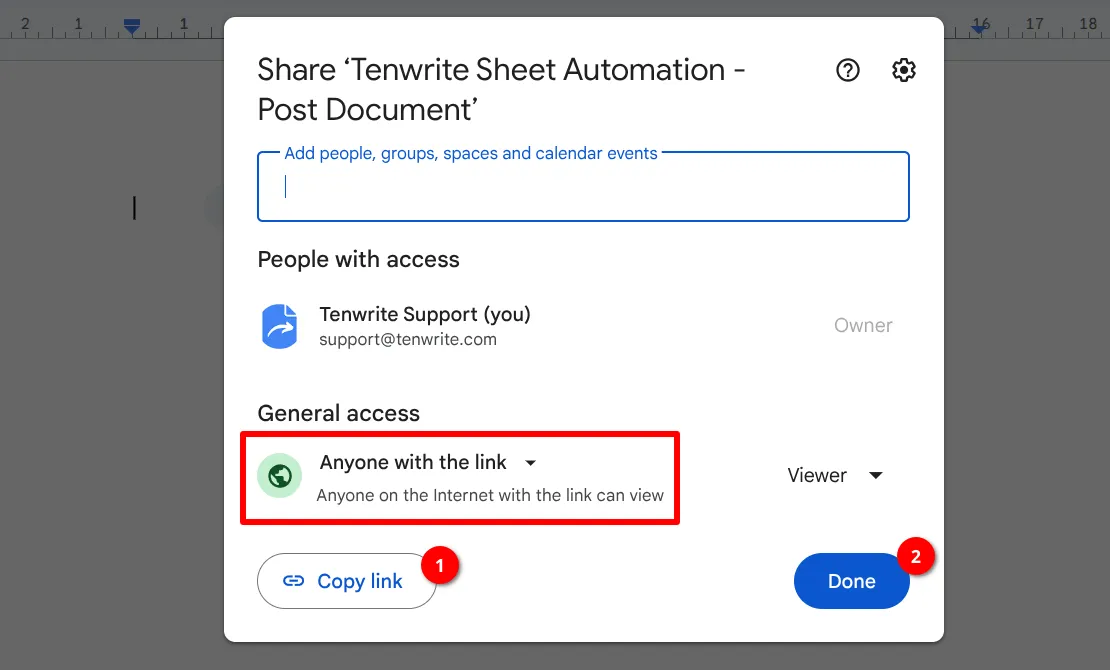 Anyone with the link selected, Done button