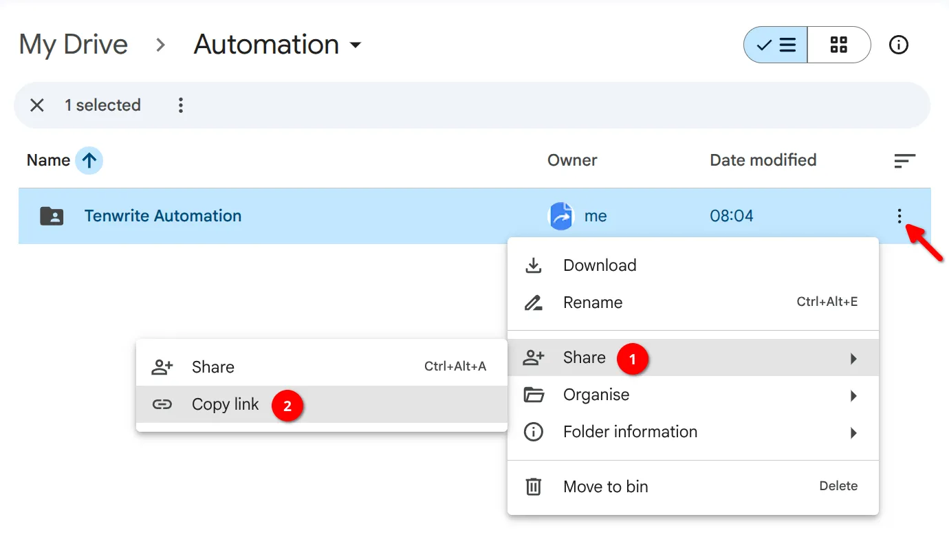 Copy link option in the folder menu