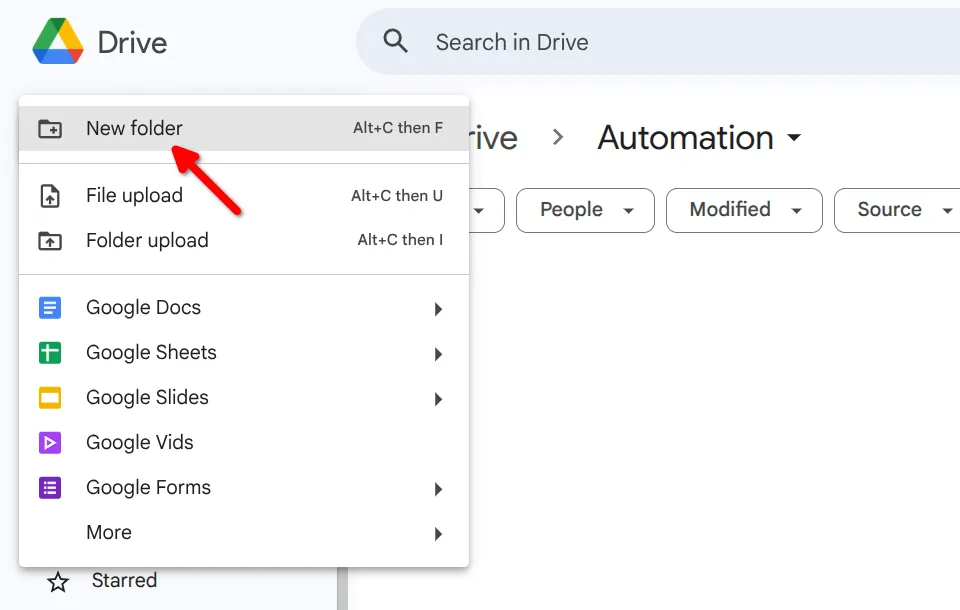 New folder option in the dropdown