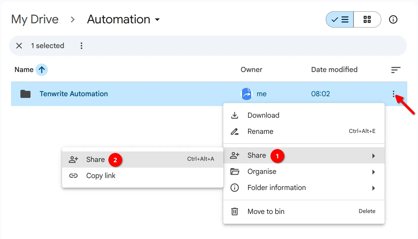 Share option in the folder menu