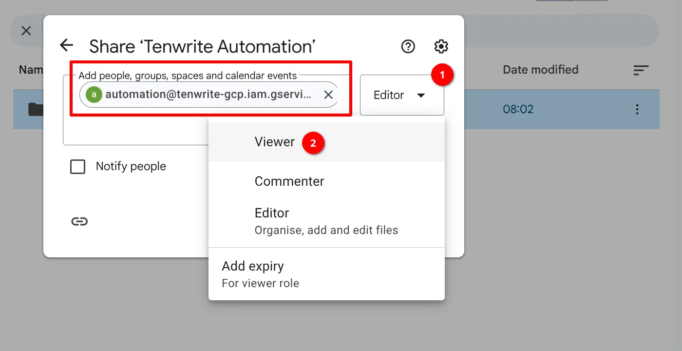 Service account email entered