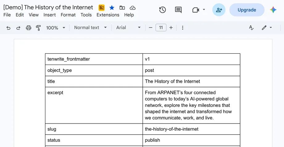 Google Doc with a Tenwrite frontmatter table defining the title, excerpt, slug, and publish status of the article