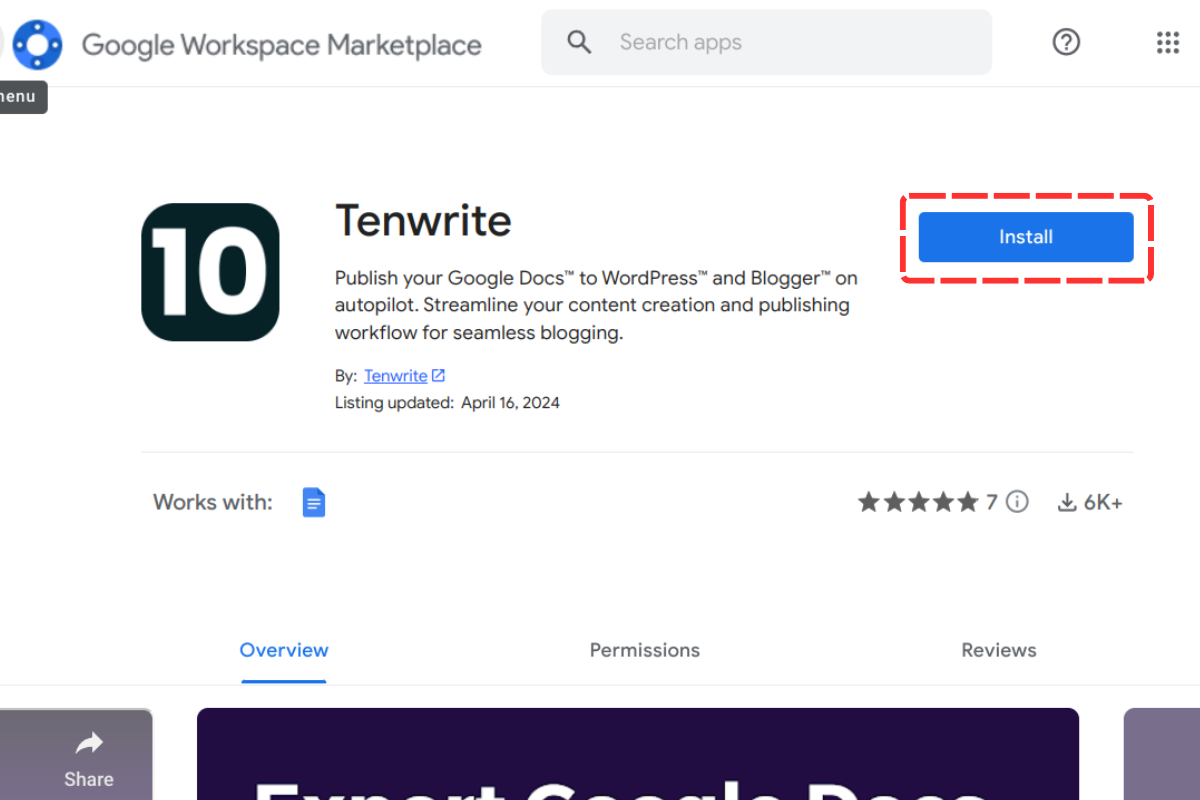 Install the tenwrite add-on from Google Workspace Marketplace.