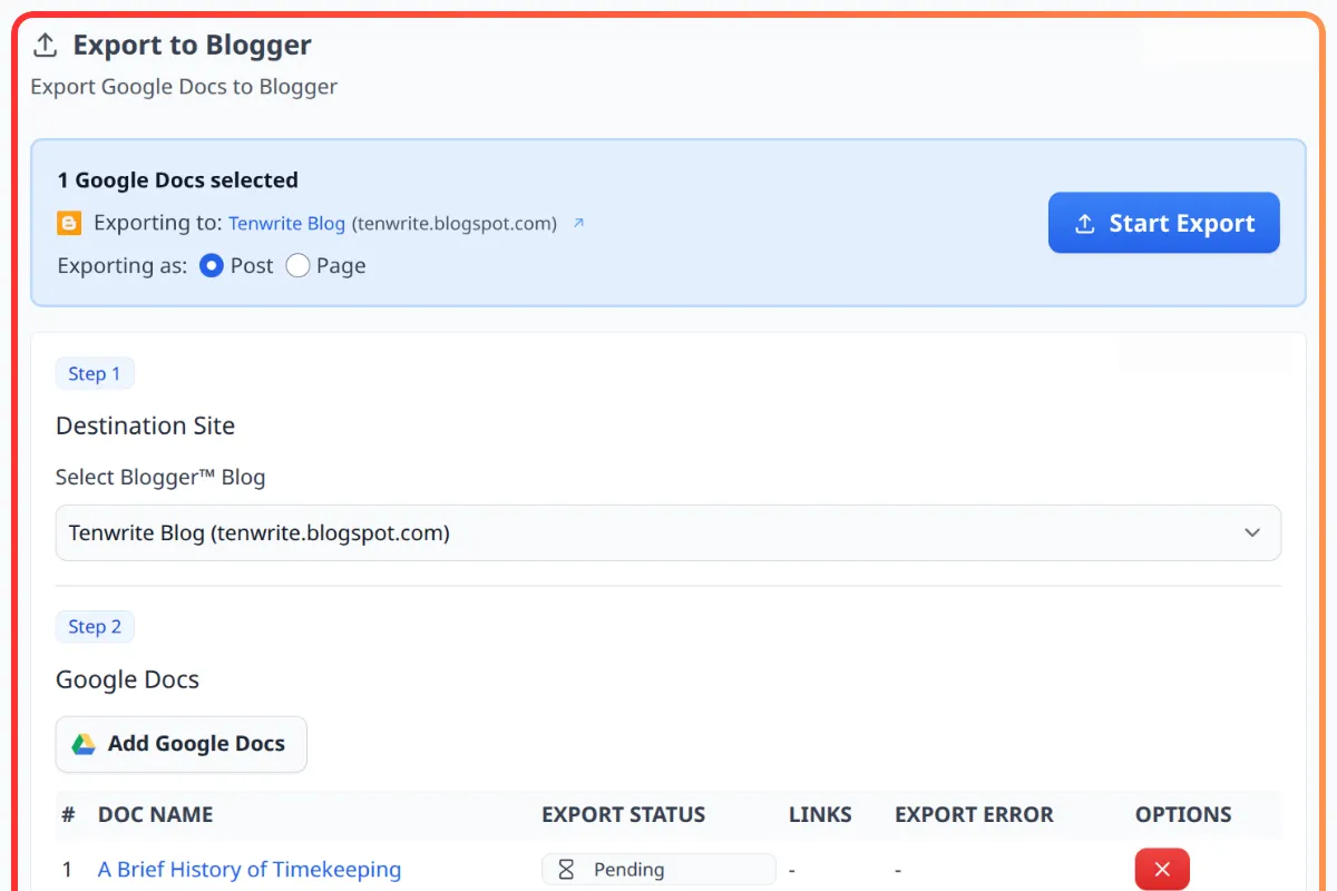 Tenwrite Google Docs export tool interface showing publishing workflow