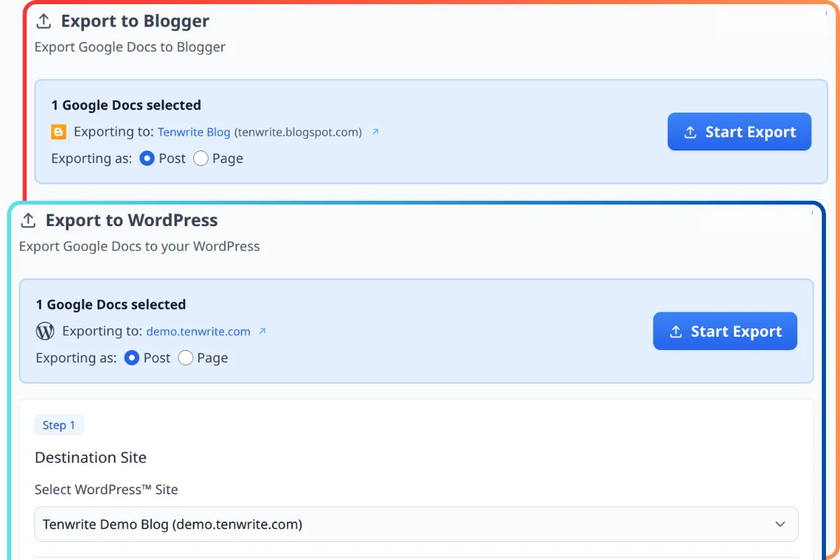 Tenwrite Google Docs to WordPress and Blogger export tool interface showing one-click publishing workflow