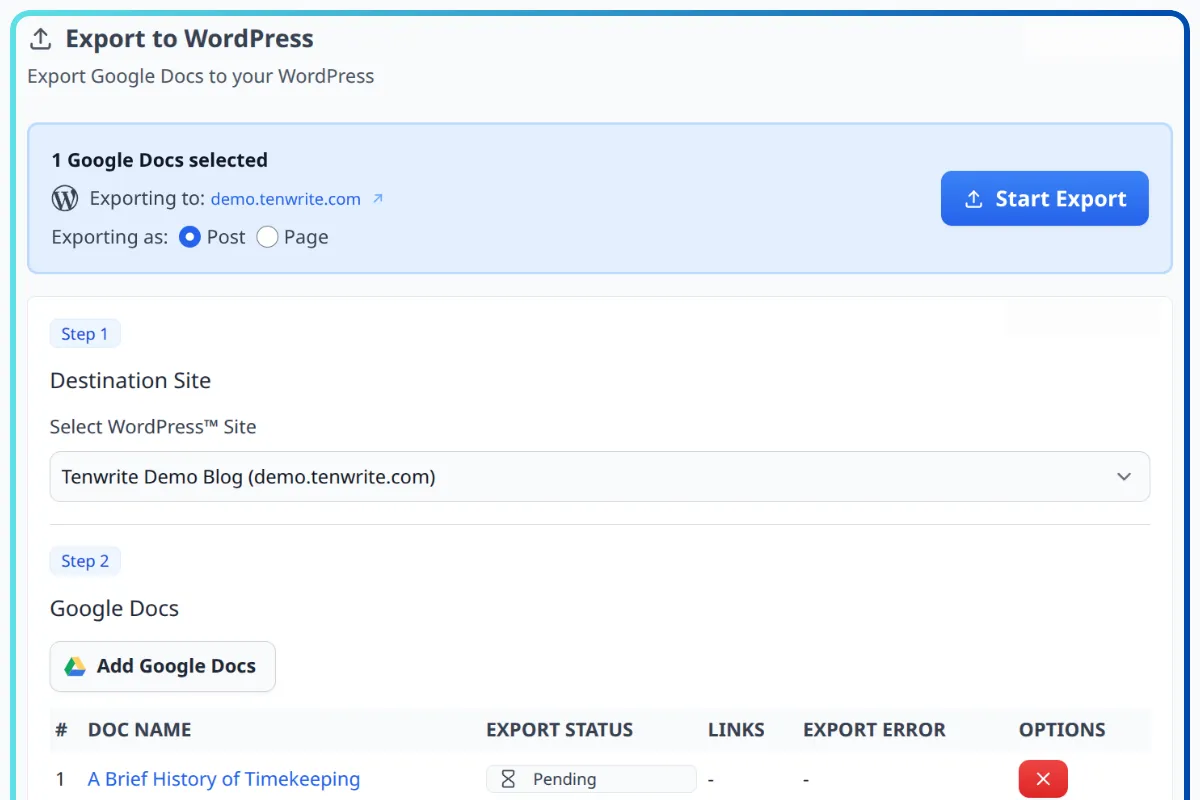 Tenwrite Google Docs export tool interface showing publishing workflow