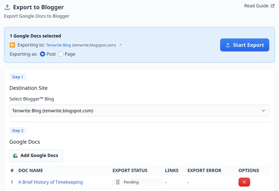 Tenwrite Export to Blogger screen with a selected Google Doc, destination Blogger blog, post or page choice, and Start Export button