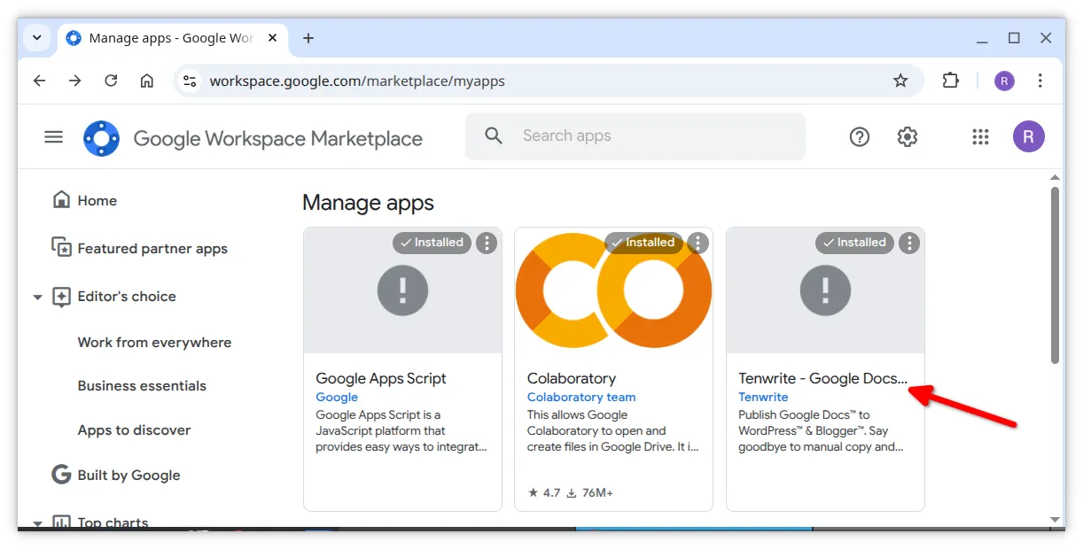 Old unpublished Tenwrite add-on showing as greyed out with exclamation mark