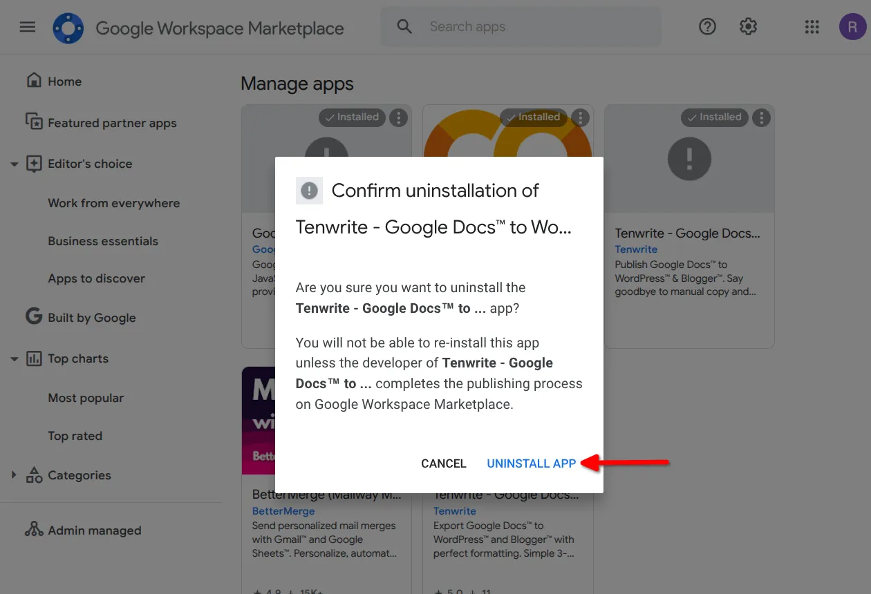 Click on uninstall app button