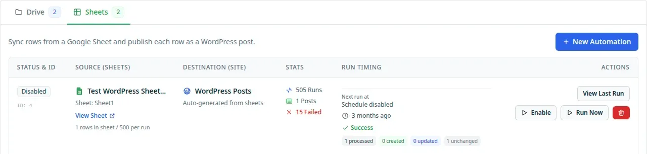 Tenwrite Sheets automation interface with spreadsheet sources, destination sites, and processing status