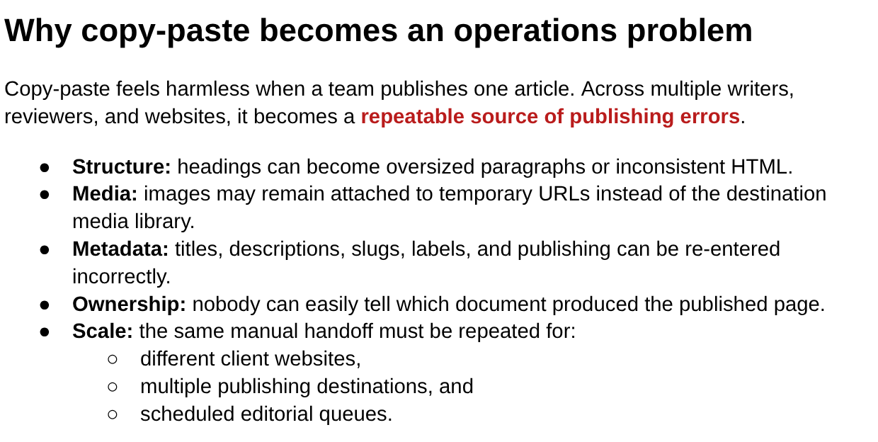 Original Google Doc with formatted headings and text, before publishing