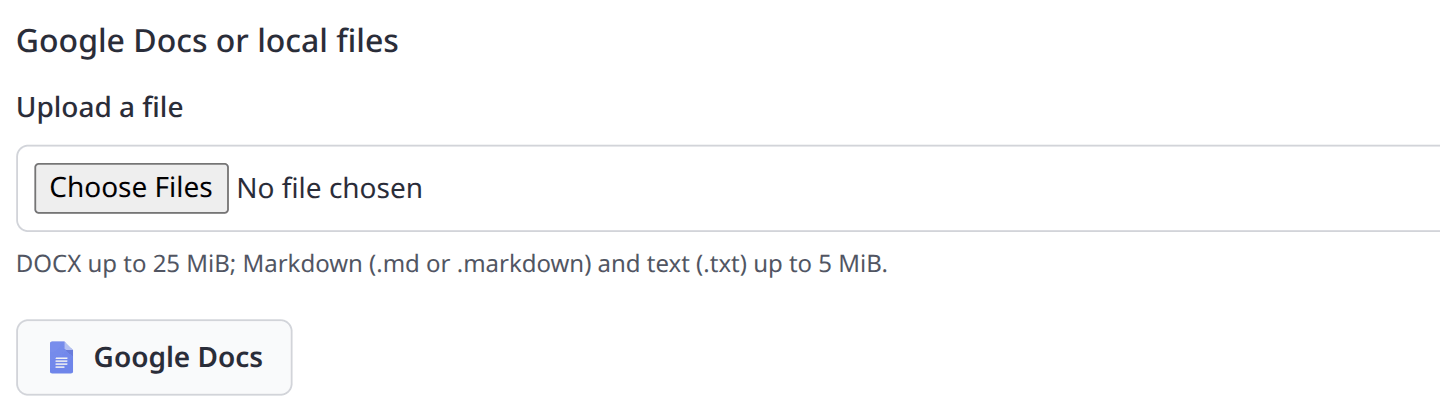 The real Tenwrite export form: upload a DOCX, Markdown or text file, or choose Google Docs
