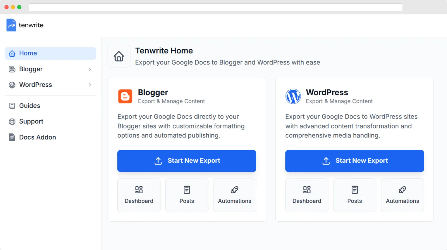 Tenwrite dashboard showing synced posts across connected publishing sites