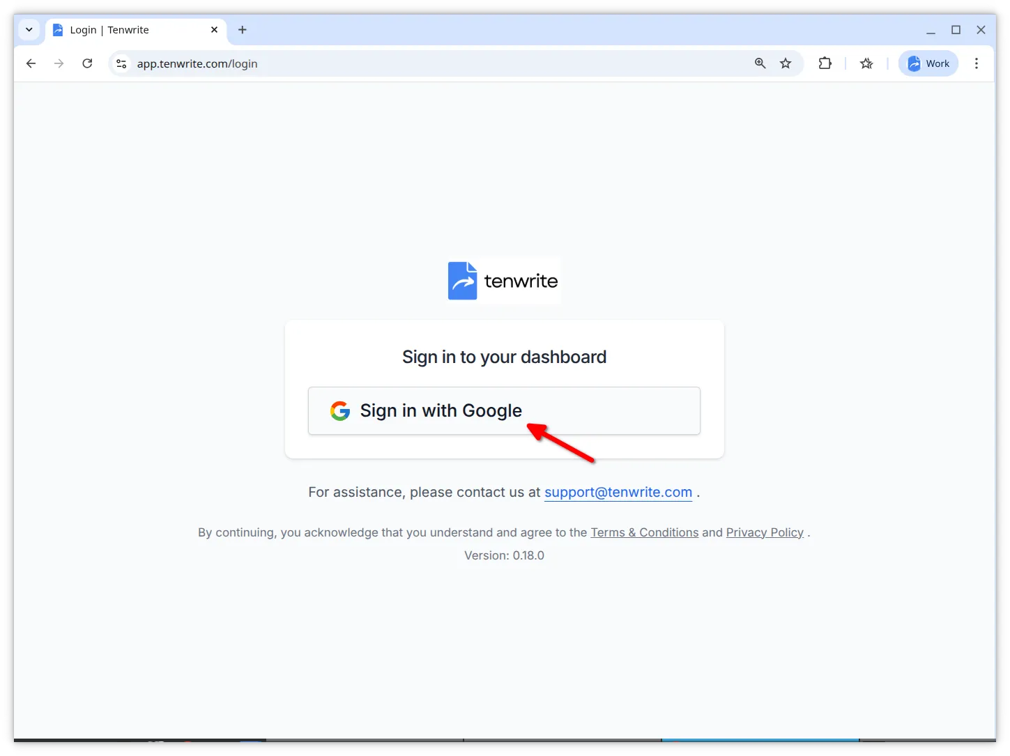 Tenwrite web dashboard login page