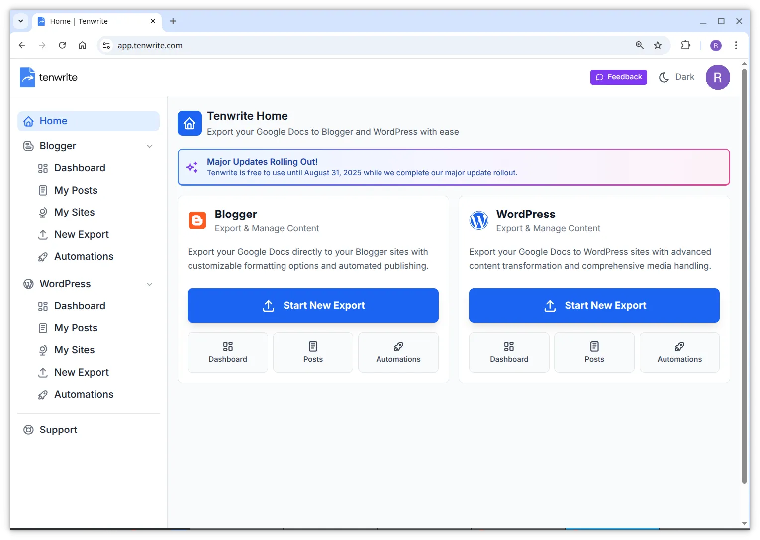 Tenwrite web dashboard home page