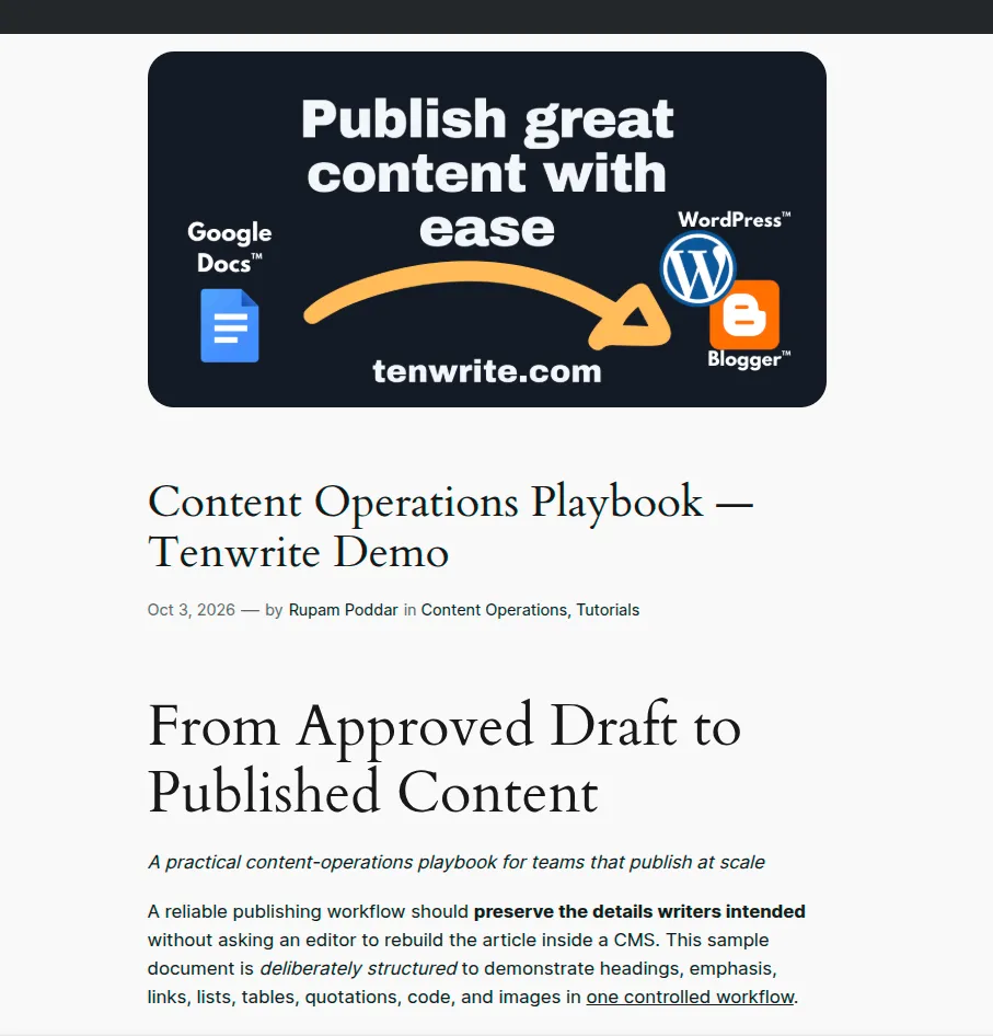 Content Operations Playbook on the Tenwrite demo WordPress blog, showing its featured image, title, and published article text