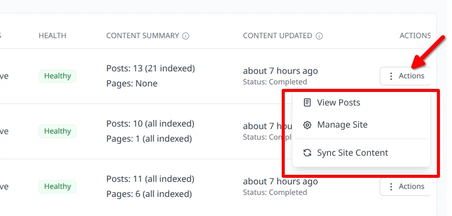 Site row Actions menu with Sync Site Content option