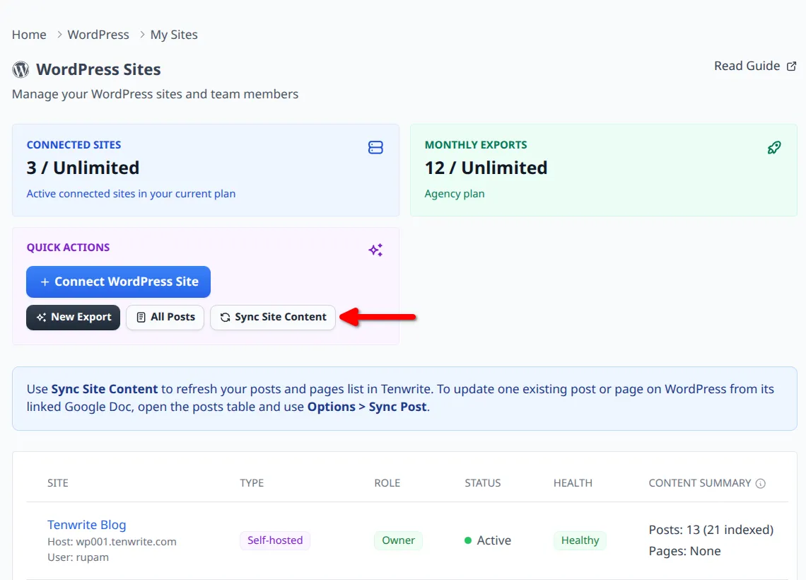 Sync Site Content button in the Quick Actions card on My Sites
