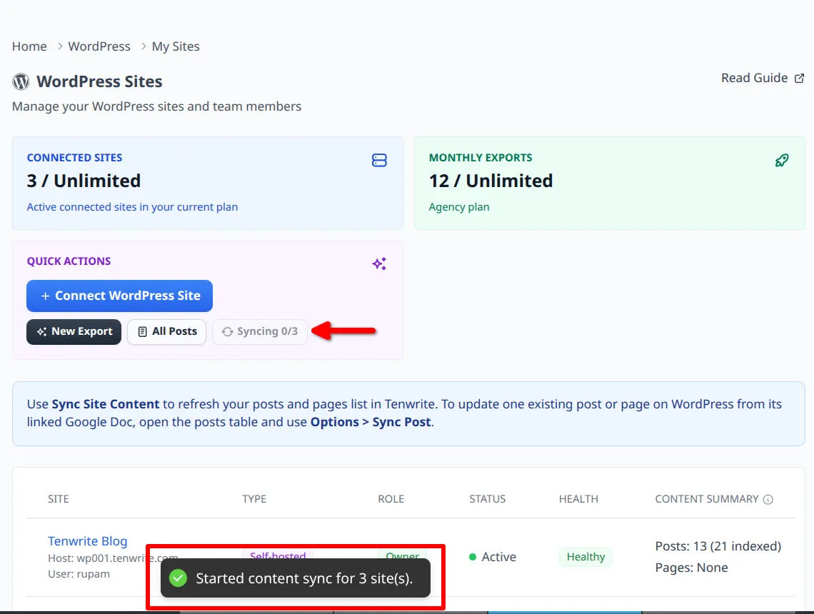 Sync Site Content in progress — showing how many sites have completed