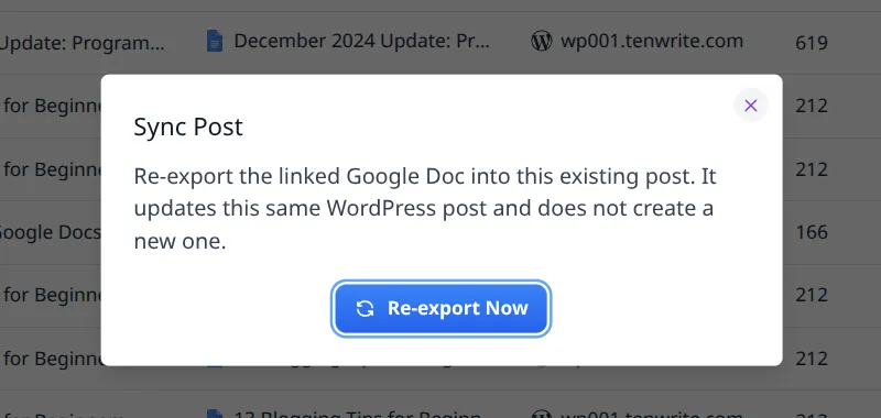 Sync Post confirmation modal for a WordPress post