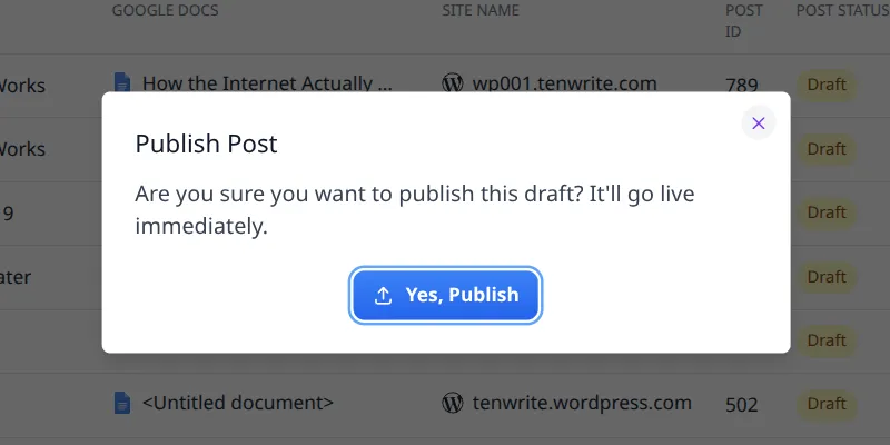 Publish Post confirmation dialog