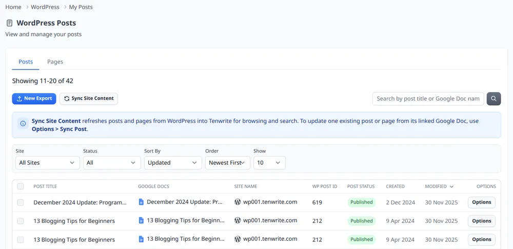 Tenwrite My Posts screen showing the unified posts table with linked Google Docs, site names, post status, and filters for site, status, and sort order
